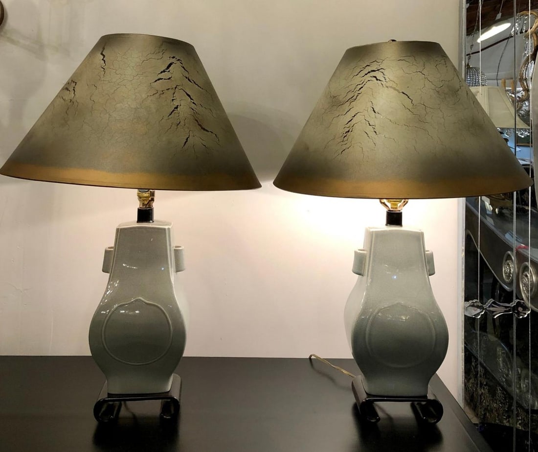 Porcelain Crackle Glaze Table Lamps Chinese Inspired Pair with Custom Shades - 3