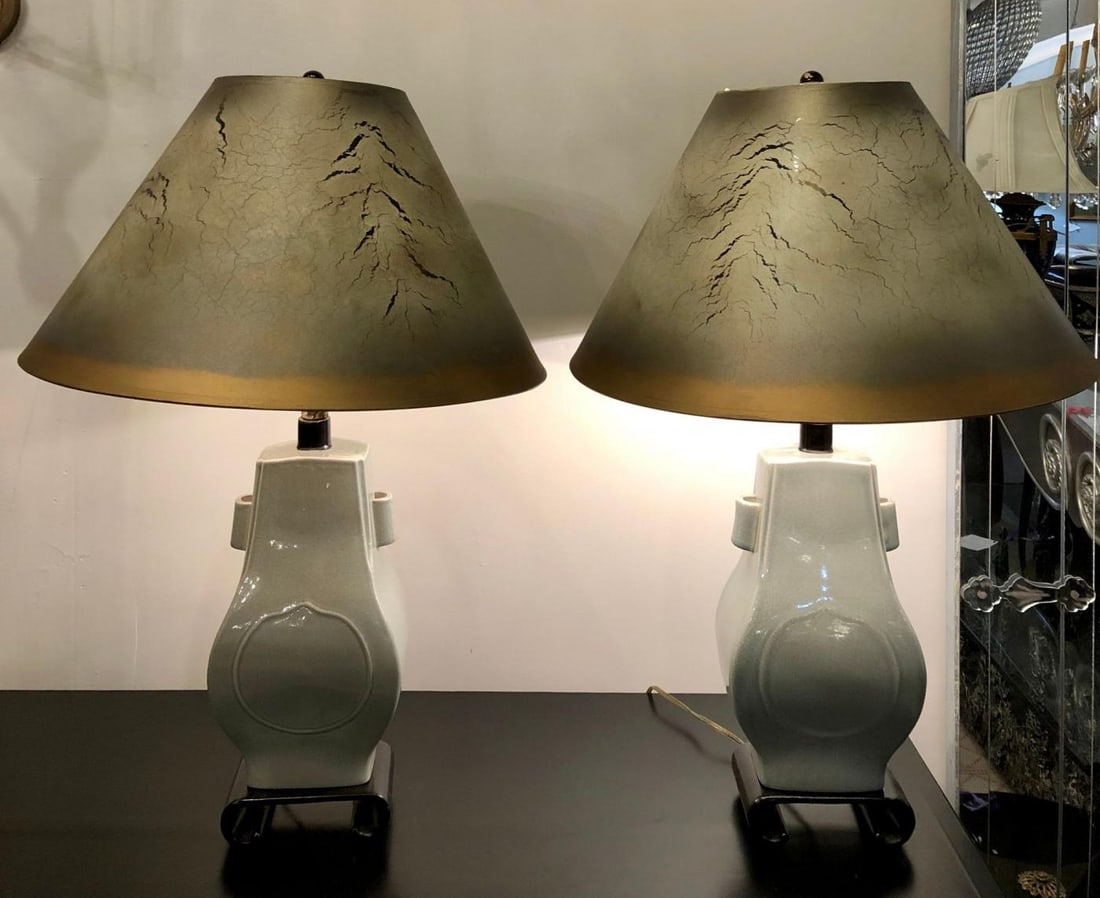 Porcelain Crackle Glaze Table Lamps Chinese Inspired Pair with Custom Shades - 4