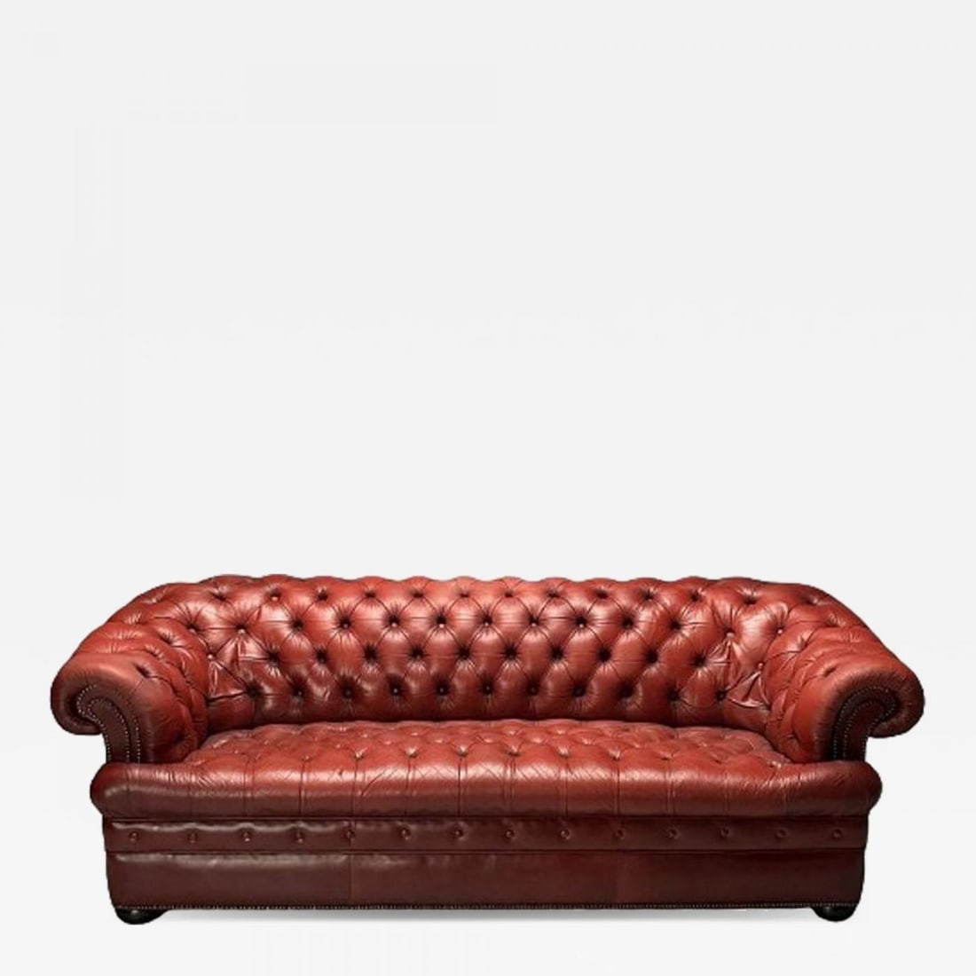 Georgian, Chesterfield Sofa, Tufted, Red Distressed Leather, Bun Feet, 2000s (1 of 12)