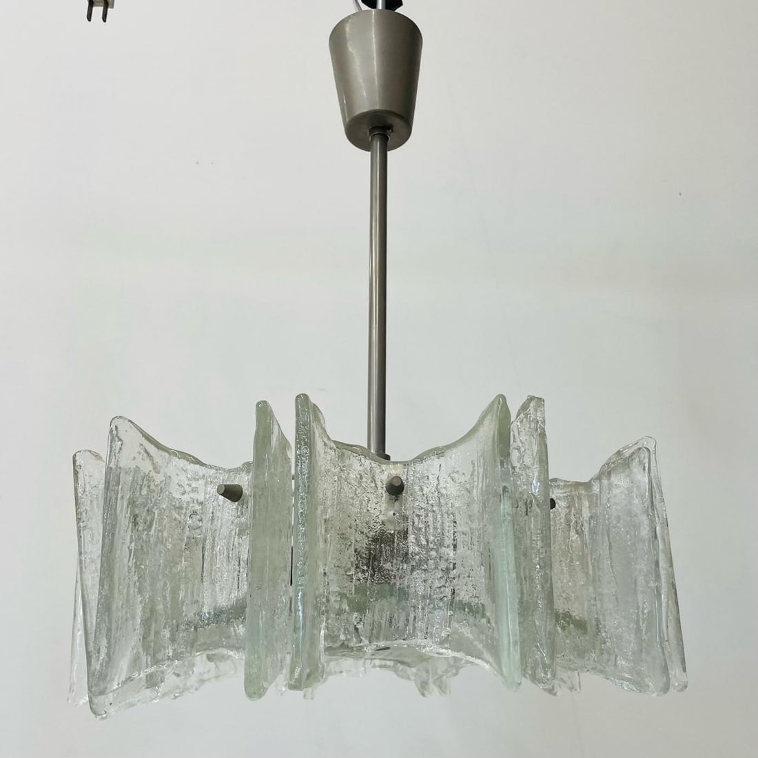 Small Swedish Mid-Century Modern Chandelier / Pendant, Slumped Glass and Brass - 11