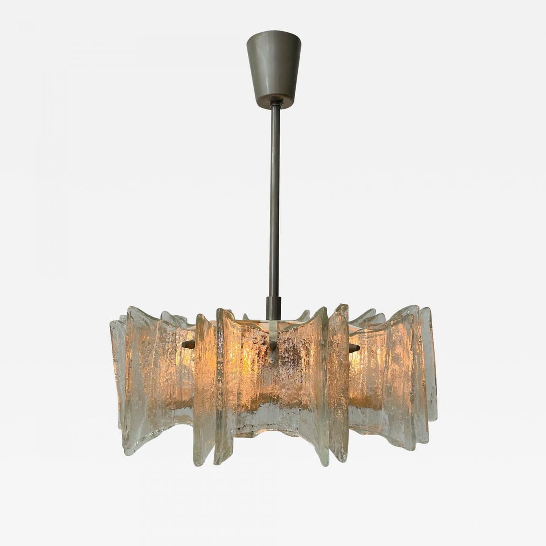 Small Swedish Mid-Century Modern Chandelier / Pendant, Slumped Glass and Brass - 2