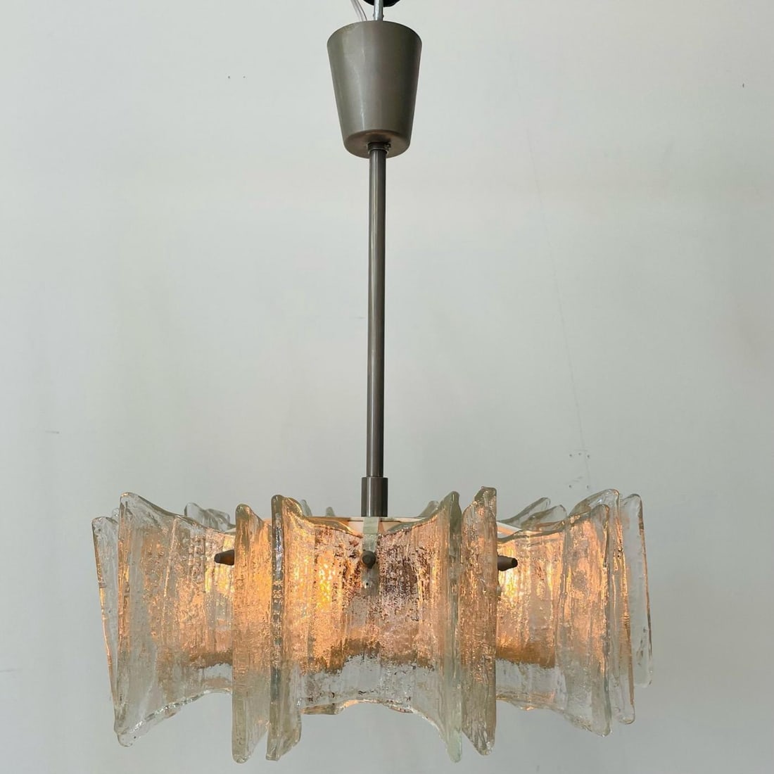 Small Swedish Mid-Century Modern Chandelier / Pendant, Slumped Glass and Brass - 4