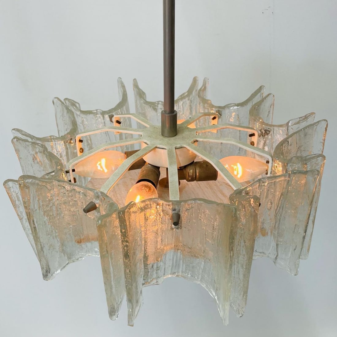 Small Swedish Mid-Century Modern Chandelier / Pendant, Slumped Glass and Brass - 5
