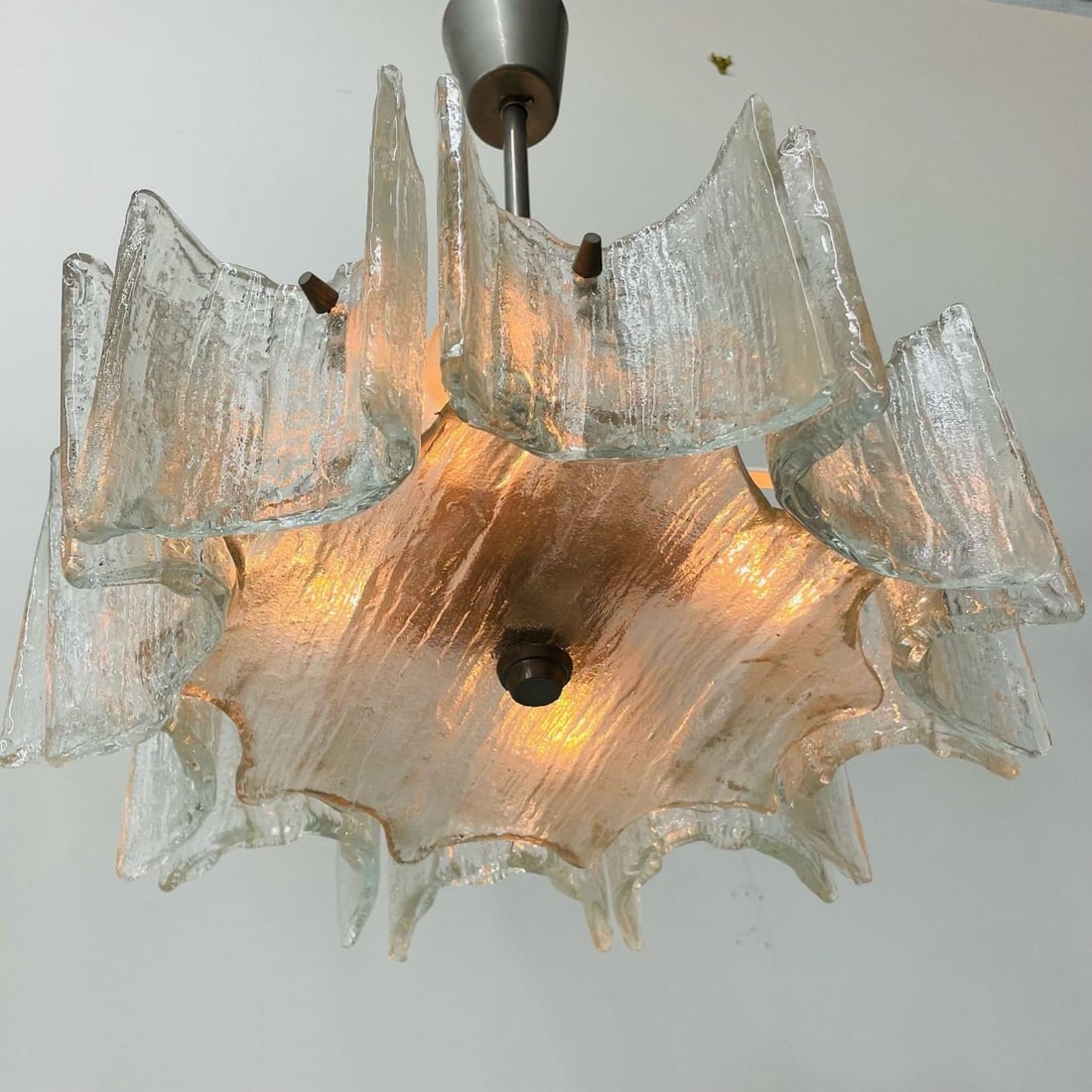 Small Swedish Mid-Century Modern Chandelier / Pendant, Slumped Glass and Brass - 6
