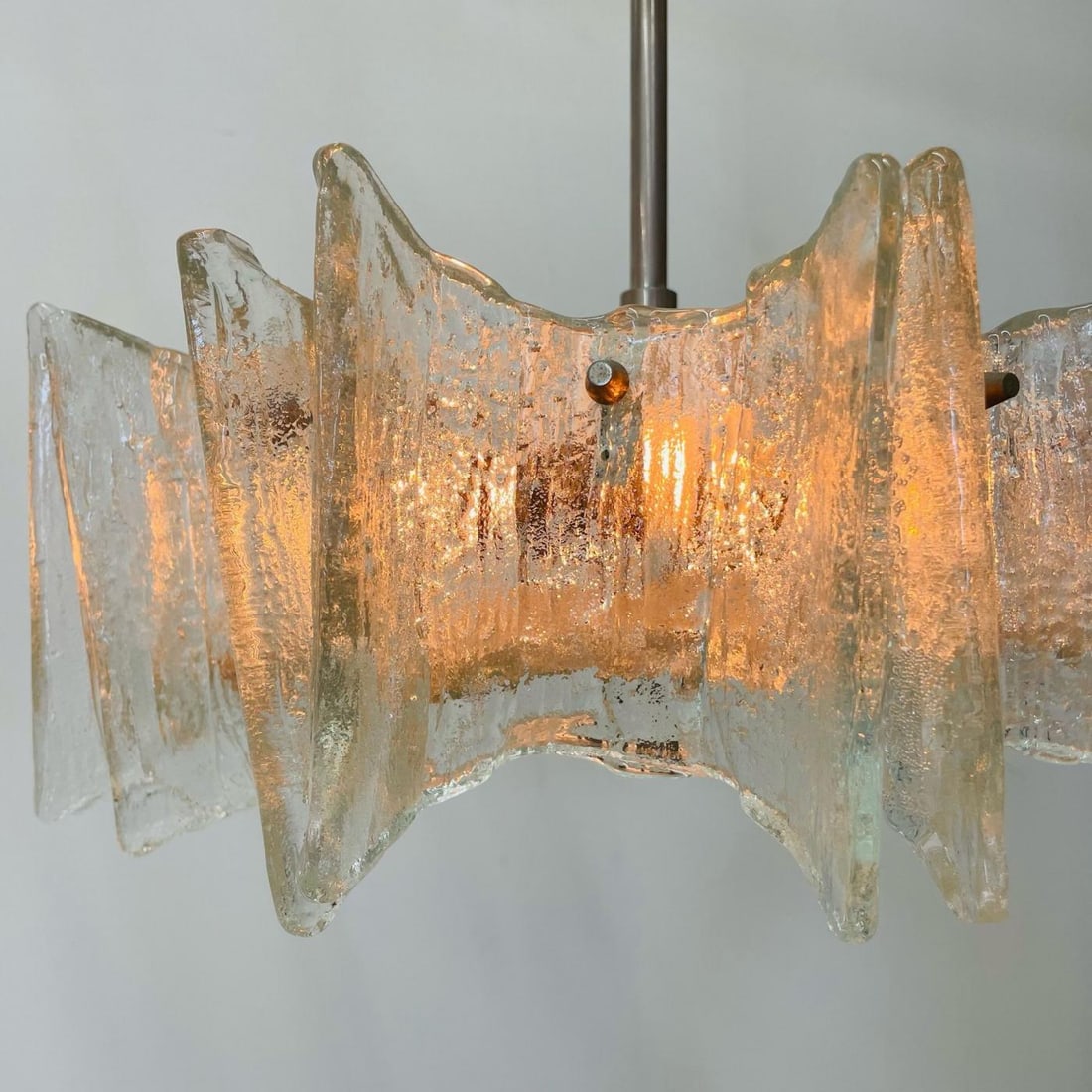 Small Swedish Mid-Century Modern Chandelier / Pendant, Slumped Glass and Brass - 9