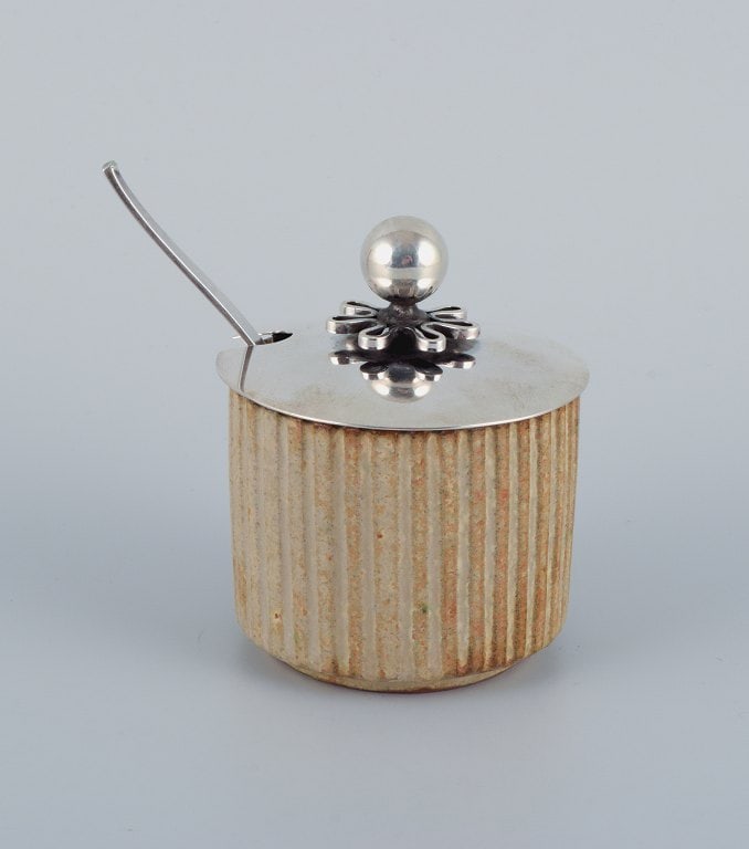 Arne Bang, jam jar with matching Cohr silver lid and Hans Hansen sterling silver spoon. - 2