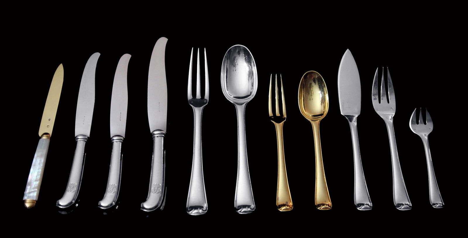 Puiforcat (Hermes) - 140pc. Antique French Sterling Silver & Vermeil Flatware Set, Mazarin Pattern. (1 of 16)