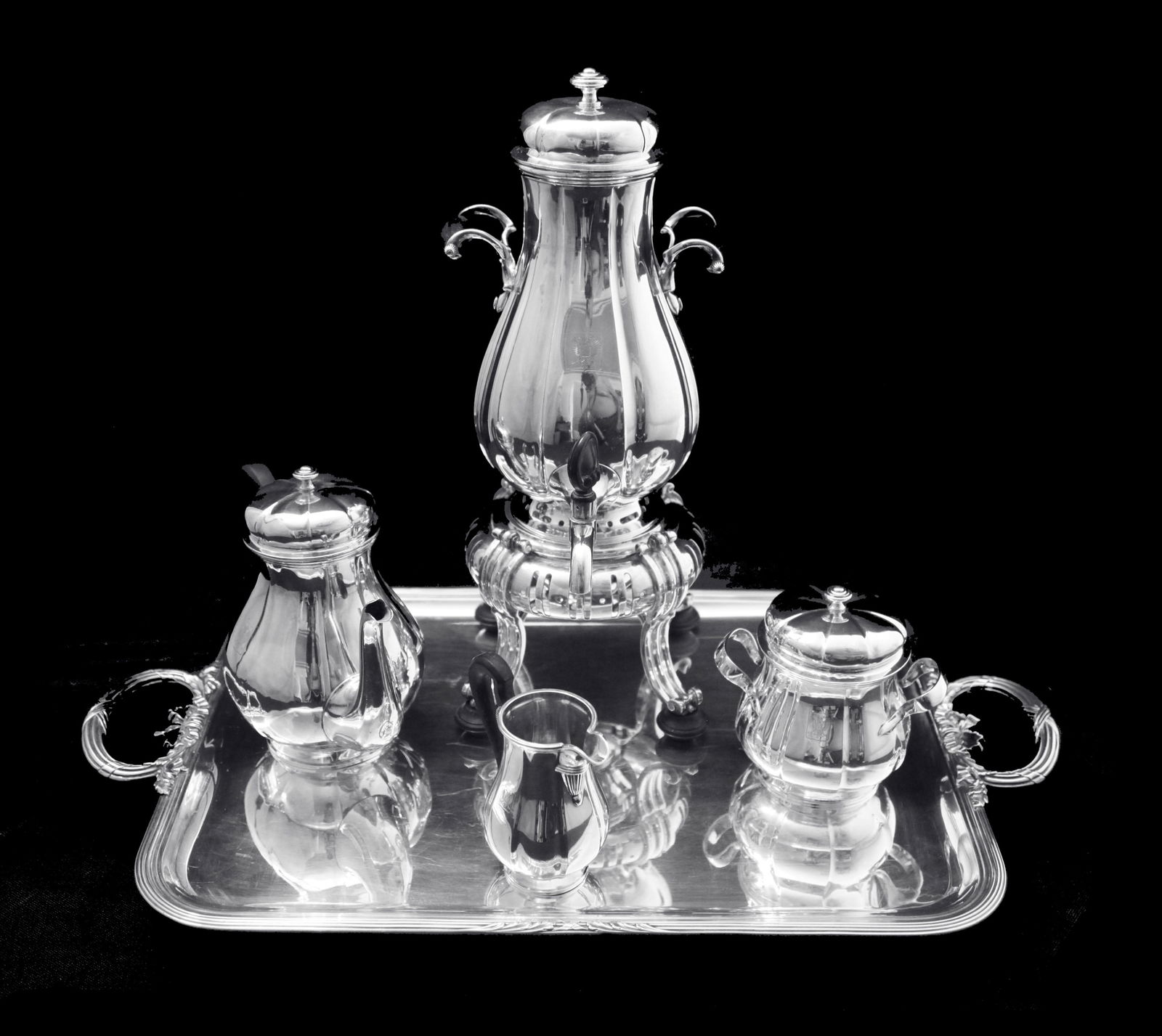 Cardeilhac: Magnificent 5pc. French Antique Sterling Silver Tea Set with Puiforcat Sterling Silver: Title: Cardeilhac: Magnificent 5pc. French Antique Sterling Silver Tea Set with Puiforcat Sterling Silver Serving Tray ! Description:Direct from Paris, a magnificent 5pc. sterling silver tea set by tw