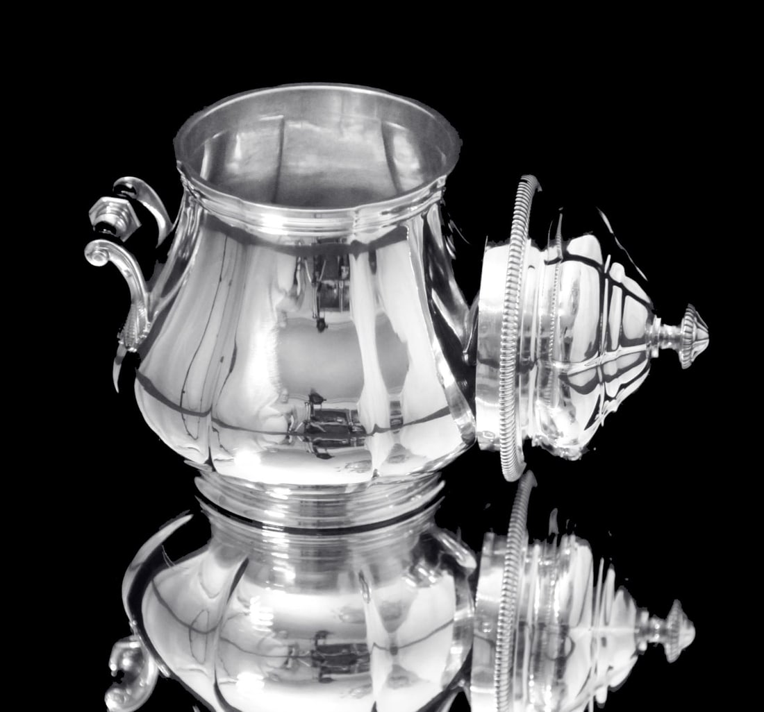 BOIN-TABURET, FABERGE - 8pc. FRENCH ANTIQUE 950 STERLING SILVER TEA SET + 6 FABERGE ESPRESSO CUPS ! - 12