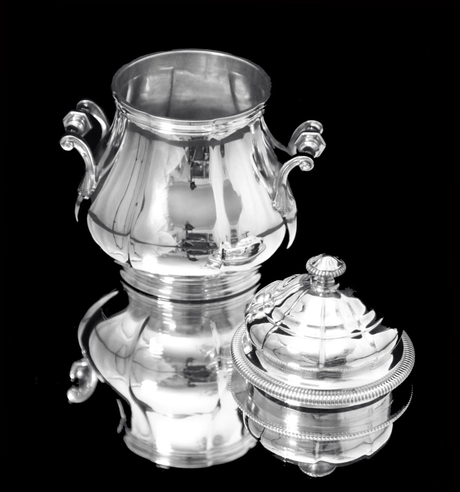 BOIN-TABURET, FABERGE - 8pc. FRENCH ANTIQUE 950 STERLING SILVER TEA SET + 6 FABERGE ESPRESSO CUPS ! - 13