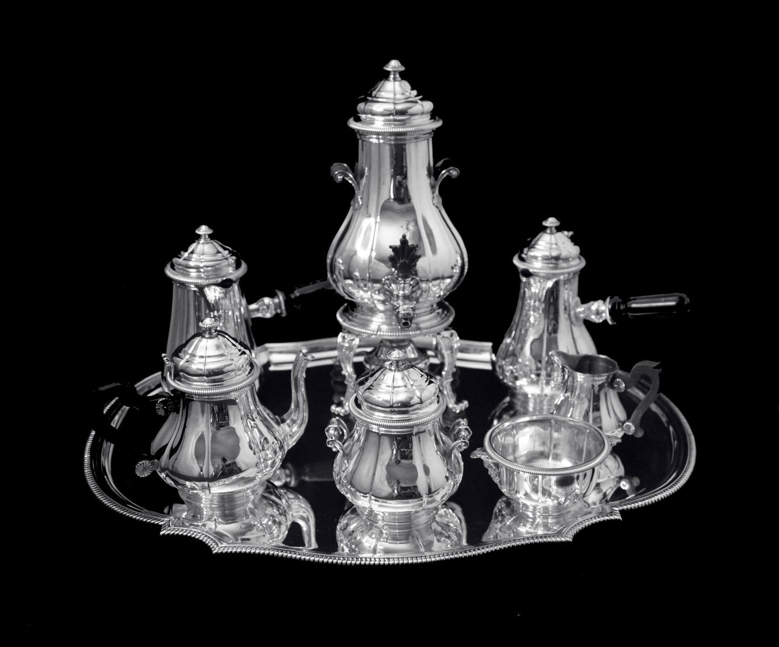 BOIN-TABURET, FABERGE - 8pc. FRENCH ANTIQUE 950 STERLING SILVER TEA SET + 6 FABERGE ESPRESSO CUPS ! - 2