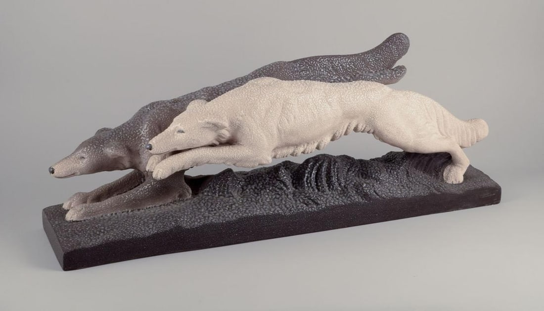 Sevres Vinsare, France. Colossal ceramic sculpture of two running greyhounds. Approx. 1930 - 4