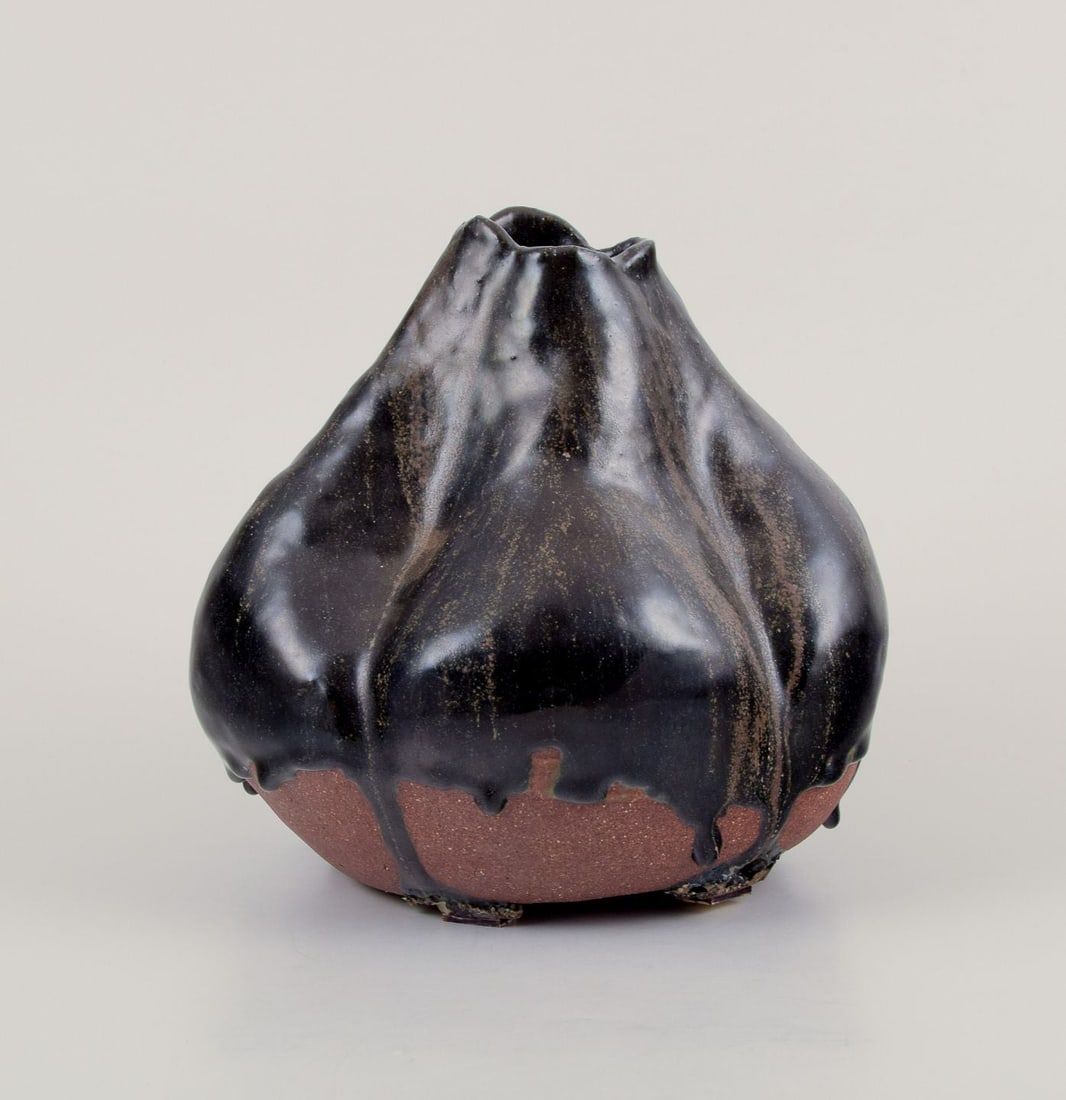 European studio ceramist. Large ceramic vase with organic shape and dark glaze. (1 of 8)