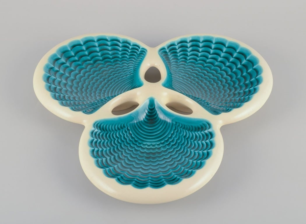 French ceramic dish. Triple and shell-shaped form. 1940s: Title: French ceramic dish. Triple and shell-shaped form. 1940s Description: French ceramic dish. Triple and shell-shaped form. Turquoise and cream-colored glaze. Ca. 1940s. Marked. Perfect condition.
