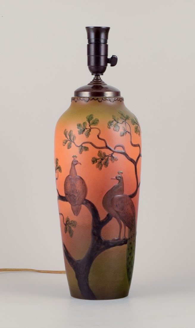 Ipsen's, Denmark. Large table lamp in ceramic. Motif of peacocks sitting in a tree. Approx. 1920 (1 of 9)