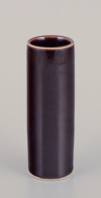 Hertha Bengtson for Rörstrand, Sweden. Unique ceramic vase. Cylinder-shaped with brown glaze. (1 of 5)