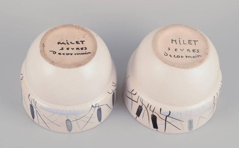 Paul Milet for Sevres, France. A pair of unique ceramic plant pot holders. Hand-decorated with - 6