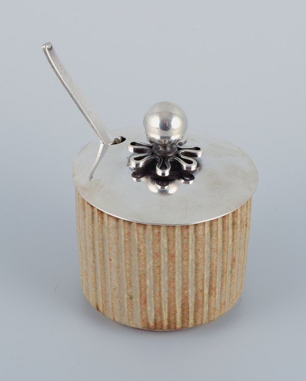 Arne Bang, jam jar with matching Cohr silver lid and Hans Hansen sterling silver spoon. - 3