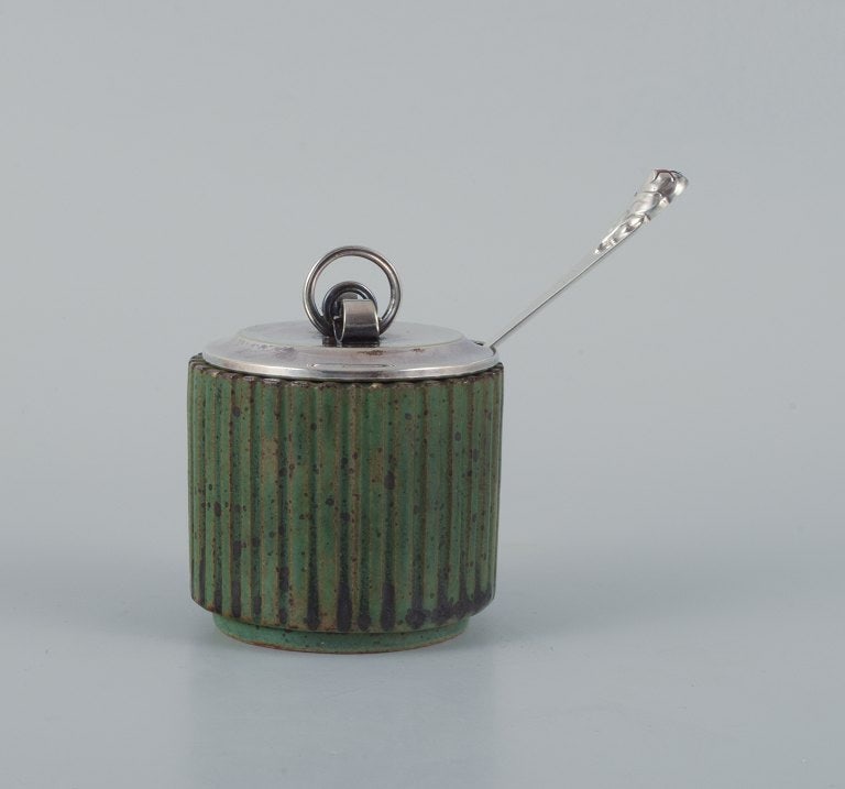 Arne Bang, ceramic marmalade jar in grooved design. Beautiful dark green glaze. (1 of 9)