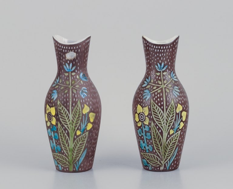 Mari Simmulson (1911-2000) for Upsala Ekeby. A pair of ceramic vases. Floral motifs.: Title: Mari Simmulson (1911-2000) for Upsala Ekeby. A pair of ceramic vases. Floral motifs. Description: Mari Simmulson (1911-2000) for Upsala Ekeby. A pair of ceramic vases. Floral motifs. Polychrome