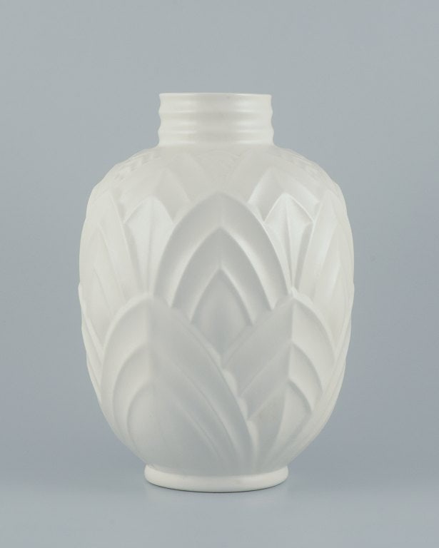 Boch Keramis, Belgium. Large ceramic vase. White glaze. Modernist design. Geometric pattern. (1 of 6)