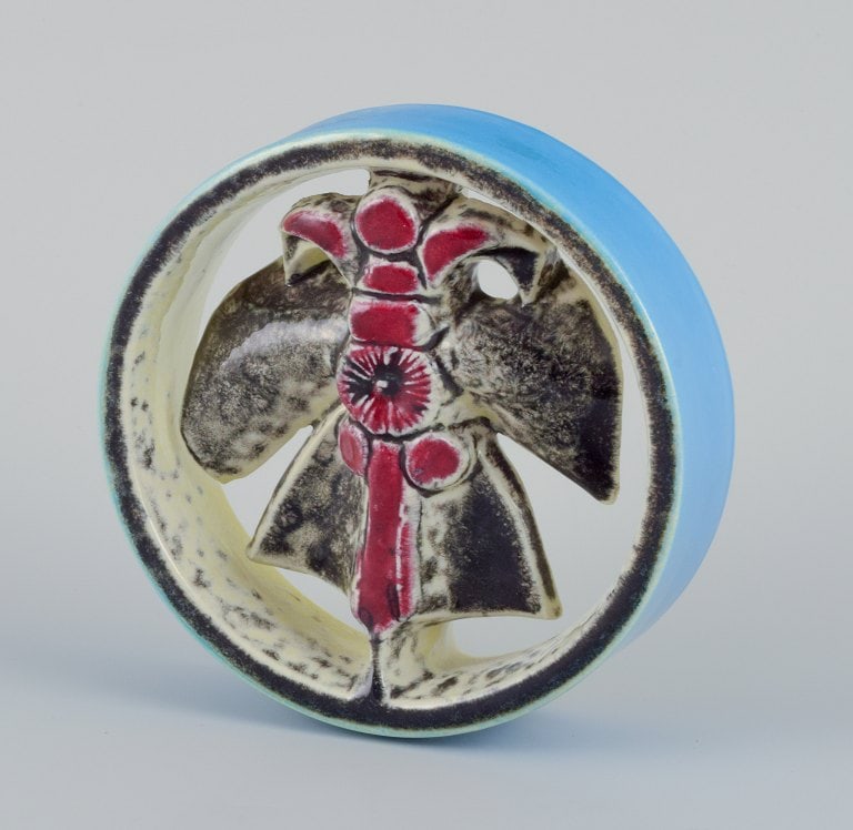 Lisa Larson for Gustavsberg, Sweden. Ceramic relief with an insect motif. Turquoise, red, and black - 2