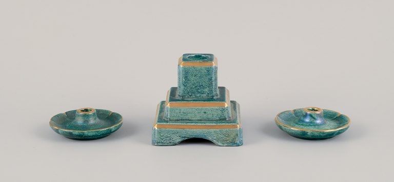 Josef Ekberg (1877-1945) for Gustavsberg, Sweden. Three candle holders with glaze in green-blue (1 of 9)