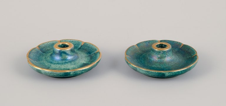 Josef Ekberg (1877-1945) for Gustavsberg, Sweden. Three candle holders with glaze in green-blue - 2