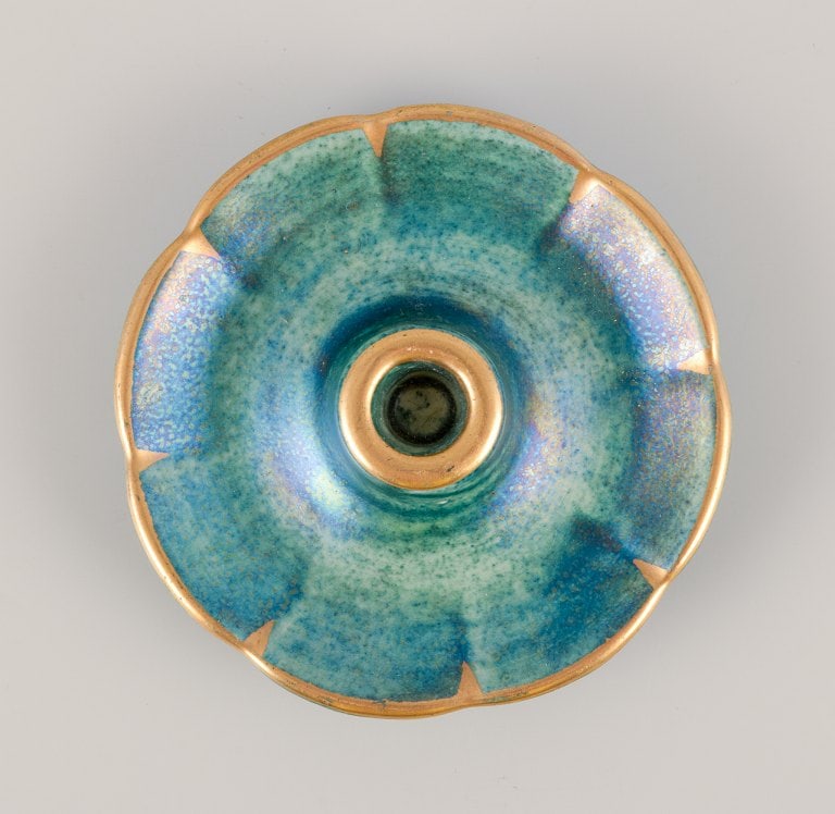 Josef Ekberg (1877-1945) for Gustavsberg, Sweden. Three candle holders with glaze in green-blue - 3