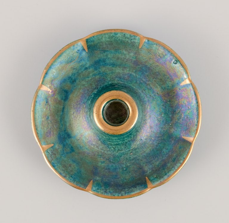 Josef Ekberg (1877-1945) for Gustavsberg, Sweden. Three candle holders with glaze in green-blue - 4