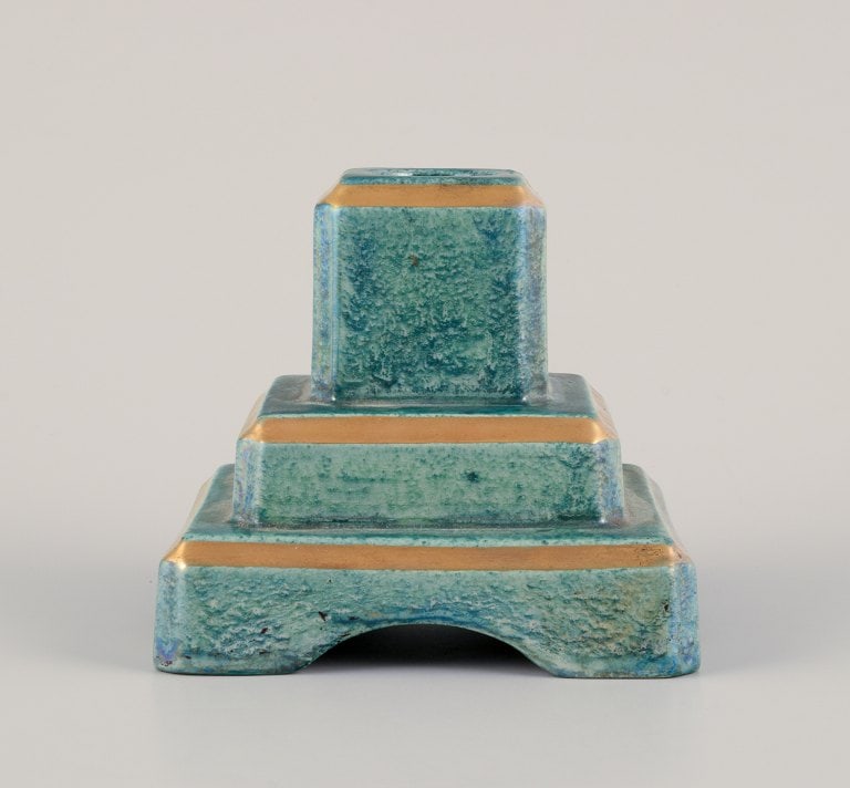 Josef Ekberg (1877-1945) for Gustavsberg, Sweden. Three candle holders with glaze in green-blue - 6