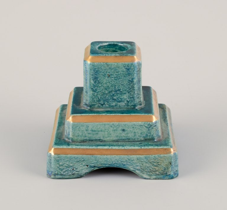 Josef Ekberg (1877-1945) for Gustavsberg, Sweden. Three candle holders with glaze in green-blue - 7