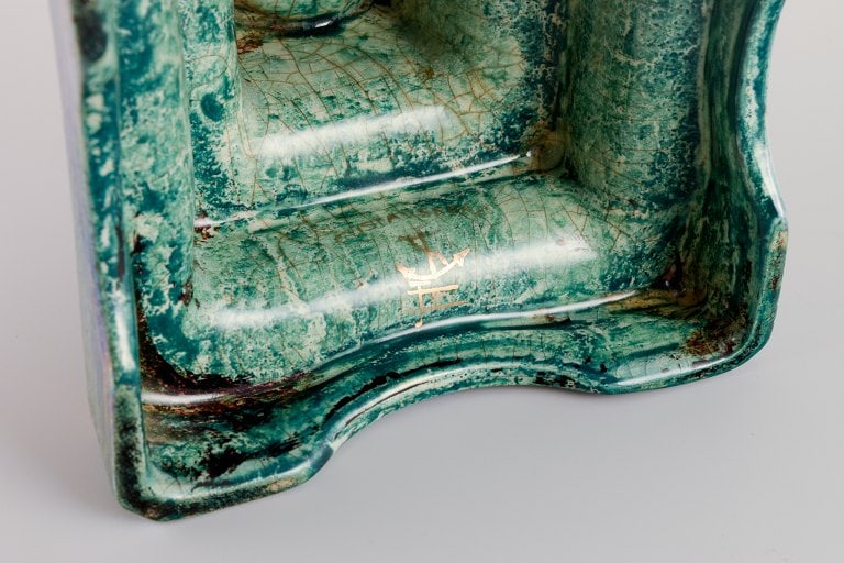 Josef Ekberg (1877-1945) for Gustavsberg, Sweden. Three candle holders with glaze in green-blue - 8