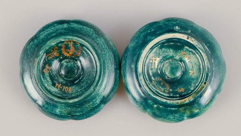 Josef Ekberg (1877-1945) for Gustavsberg, Sweden. Three candle holders with glaze in green-blue - 9