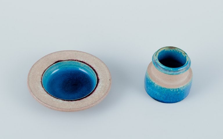 Nils Kähler for Kähler. Small ceramic bowl and small vase with turquoise glaze. (1 of 8)