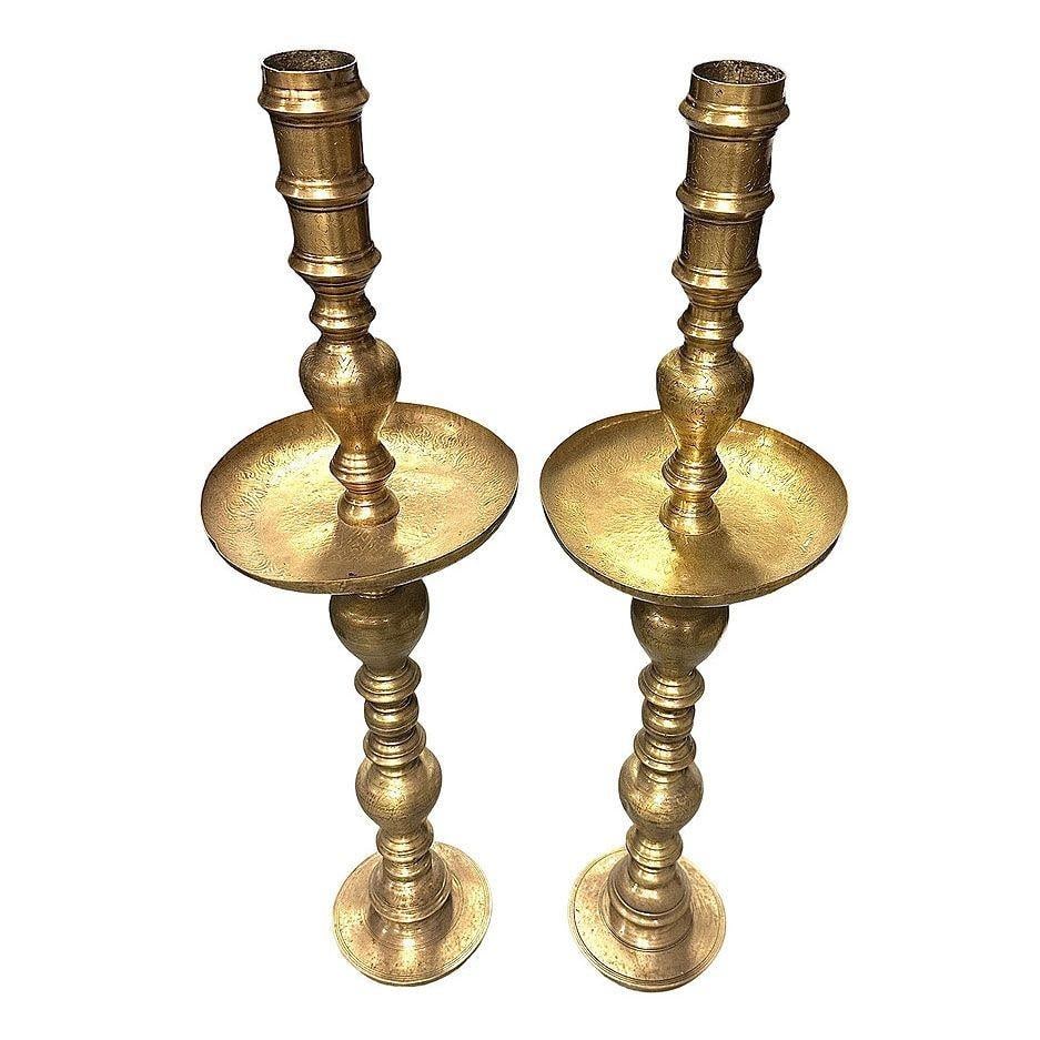 Hand Etched Brass Moroccan Floor Candelabra, Pair - 16