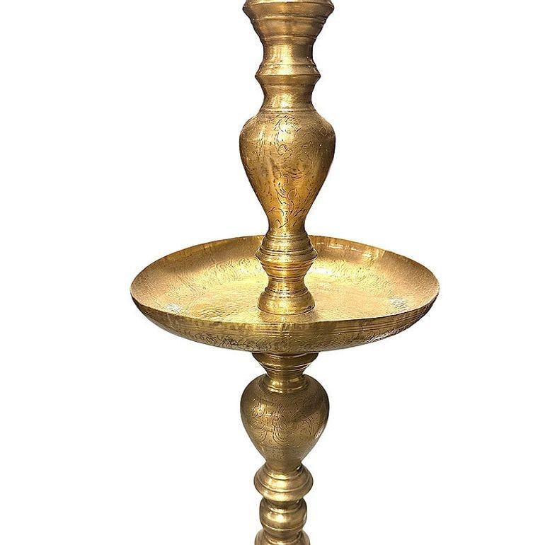 Hand Etched Brass Moroccan Floor Candelabra, Pair - 3