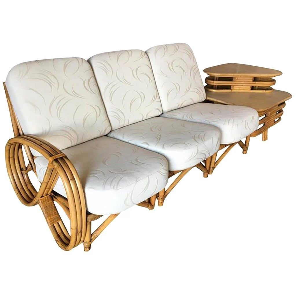 Restored 3/4 Pretzel Rattan 3-Seat Sectional Sofa w/ 2-Tier Side Table - 15