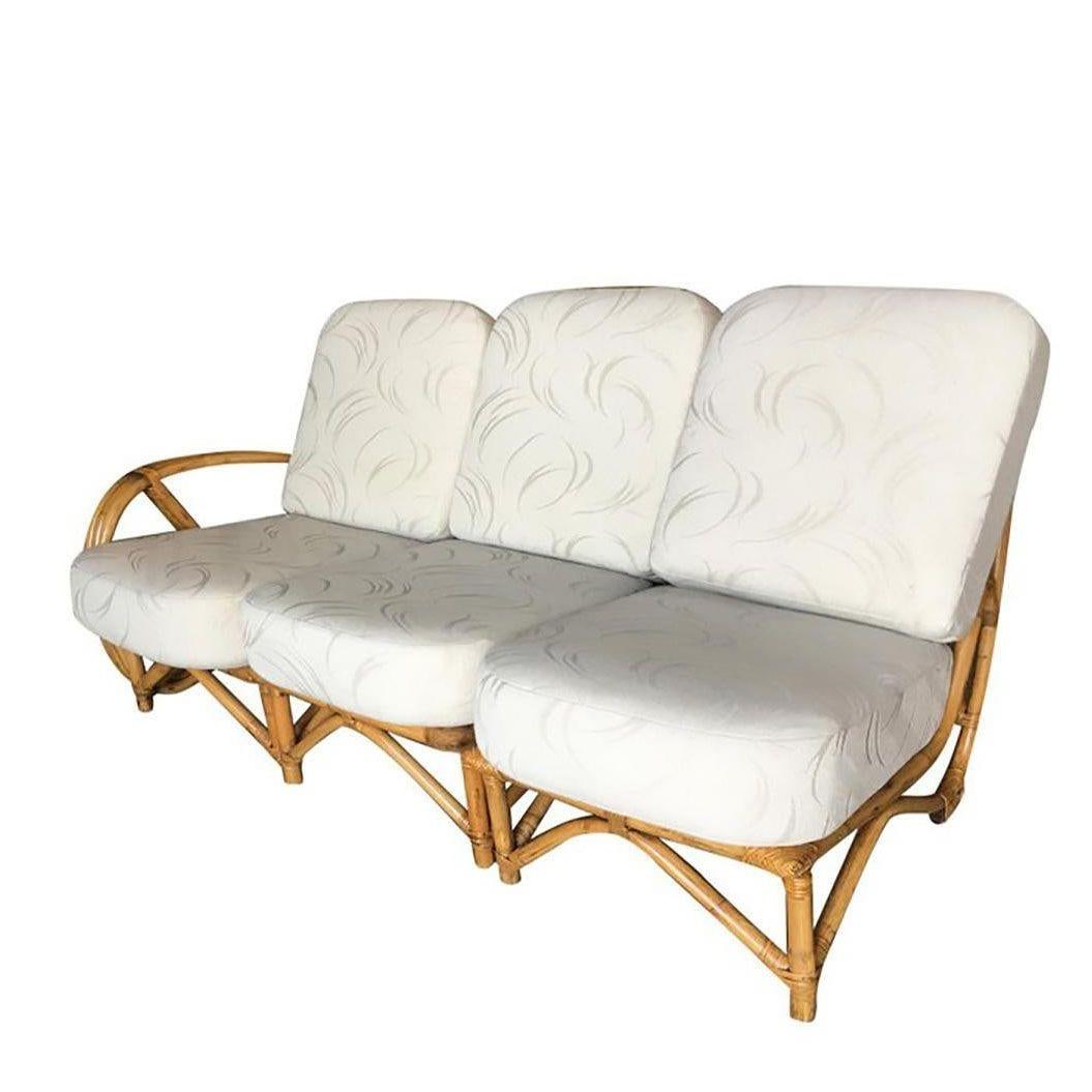 Restored 3/4 Pretzel Rattan 3-Seat Sectional Sofa w/ 2-Tier Side Table - 18