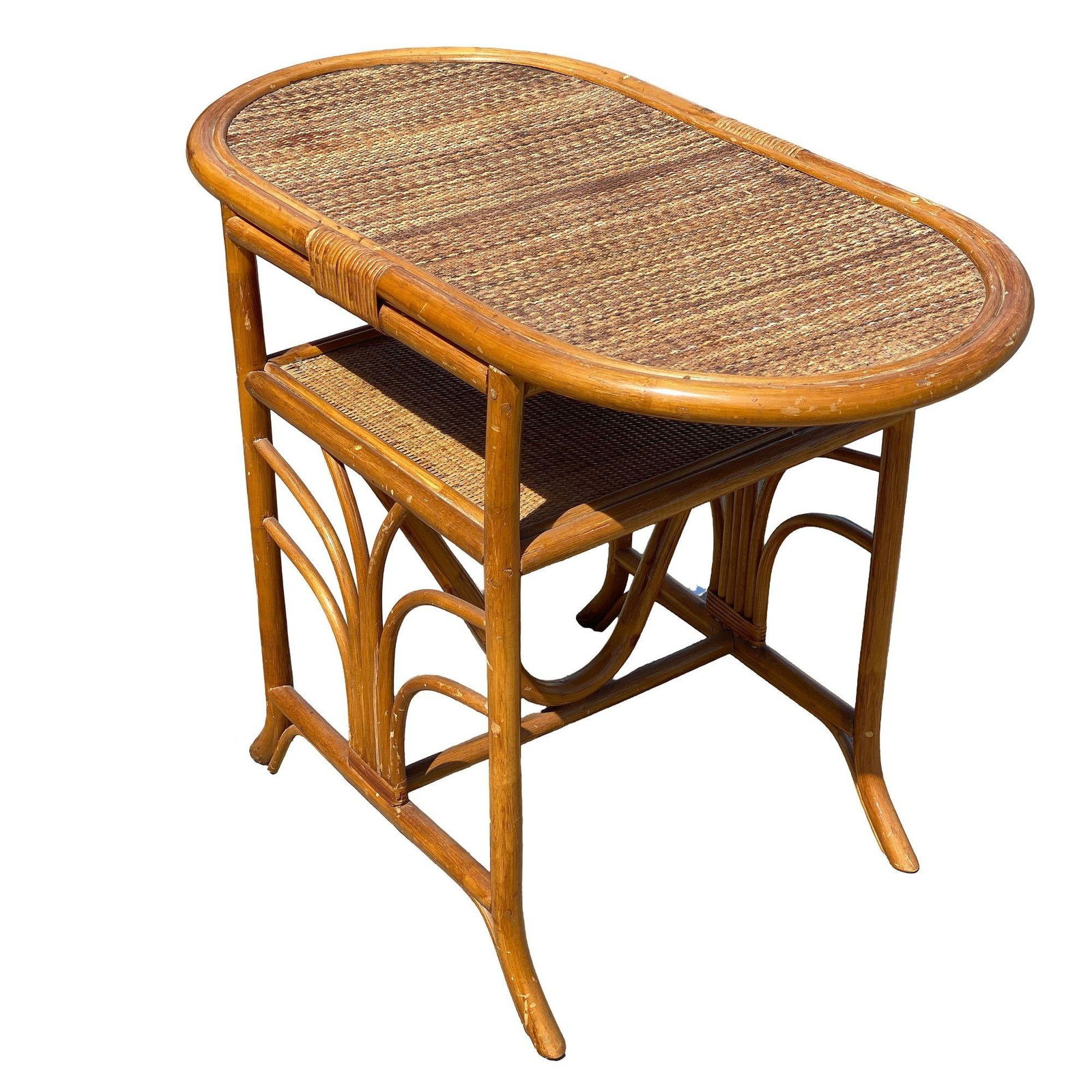 Restored Art Deco "Palm" Rattan Side Drink Table W/ Rice Mat Top - 17