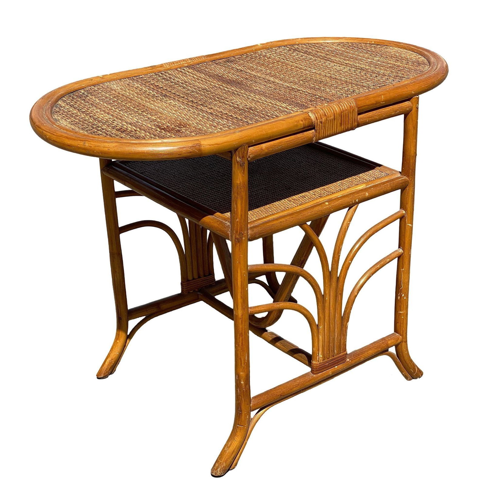 Restored Art Deco "Palm" Rattan Side Drink Table W/ Rice Mat Top - 8