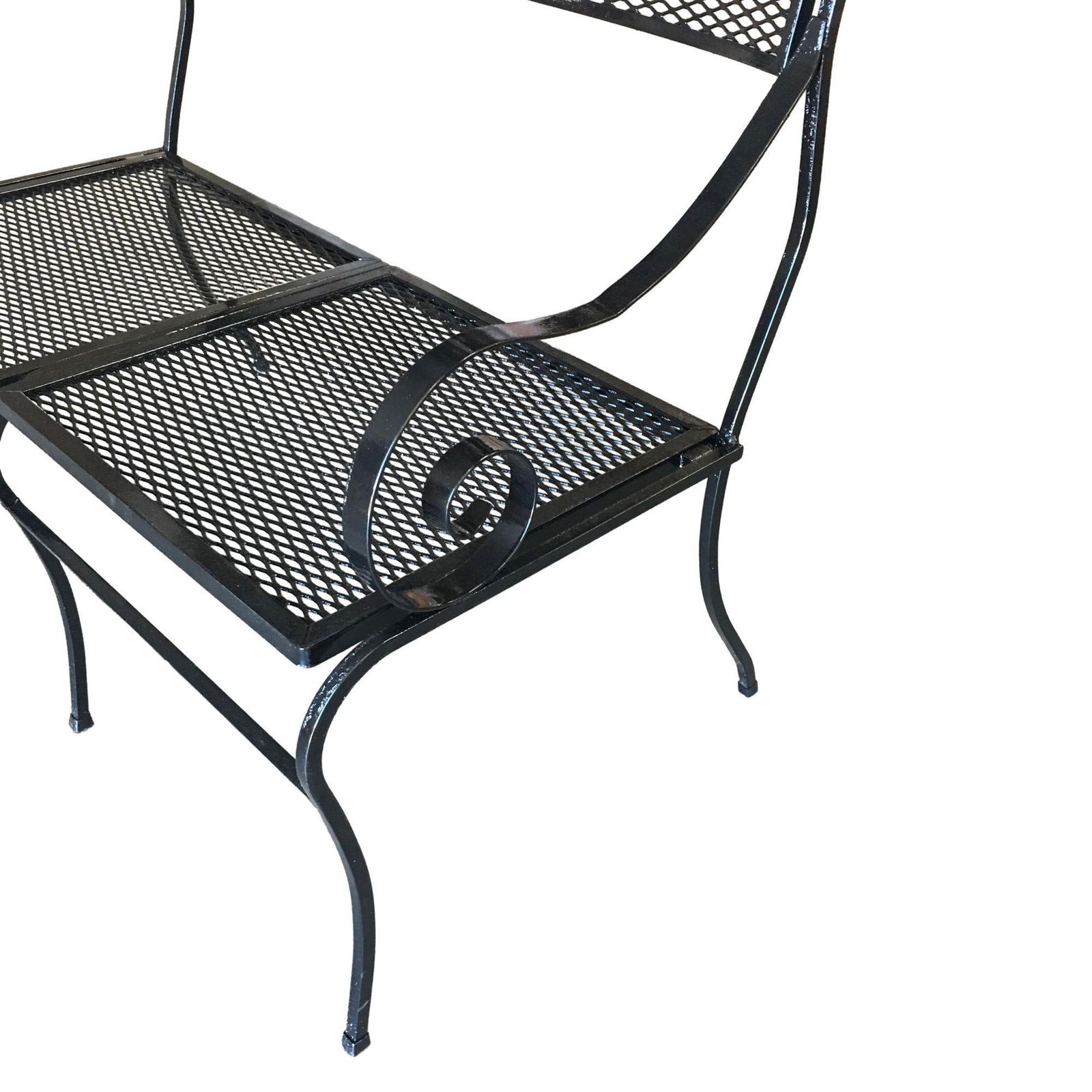Woodard Wrought Iron Mesh Loveseat Bench, Scrolling Arms - 12