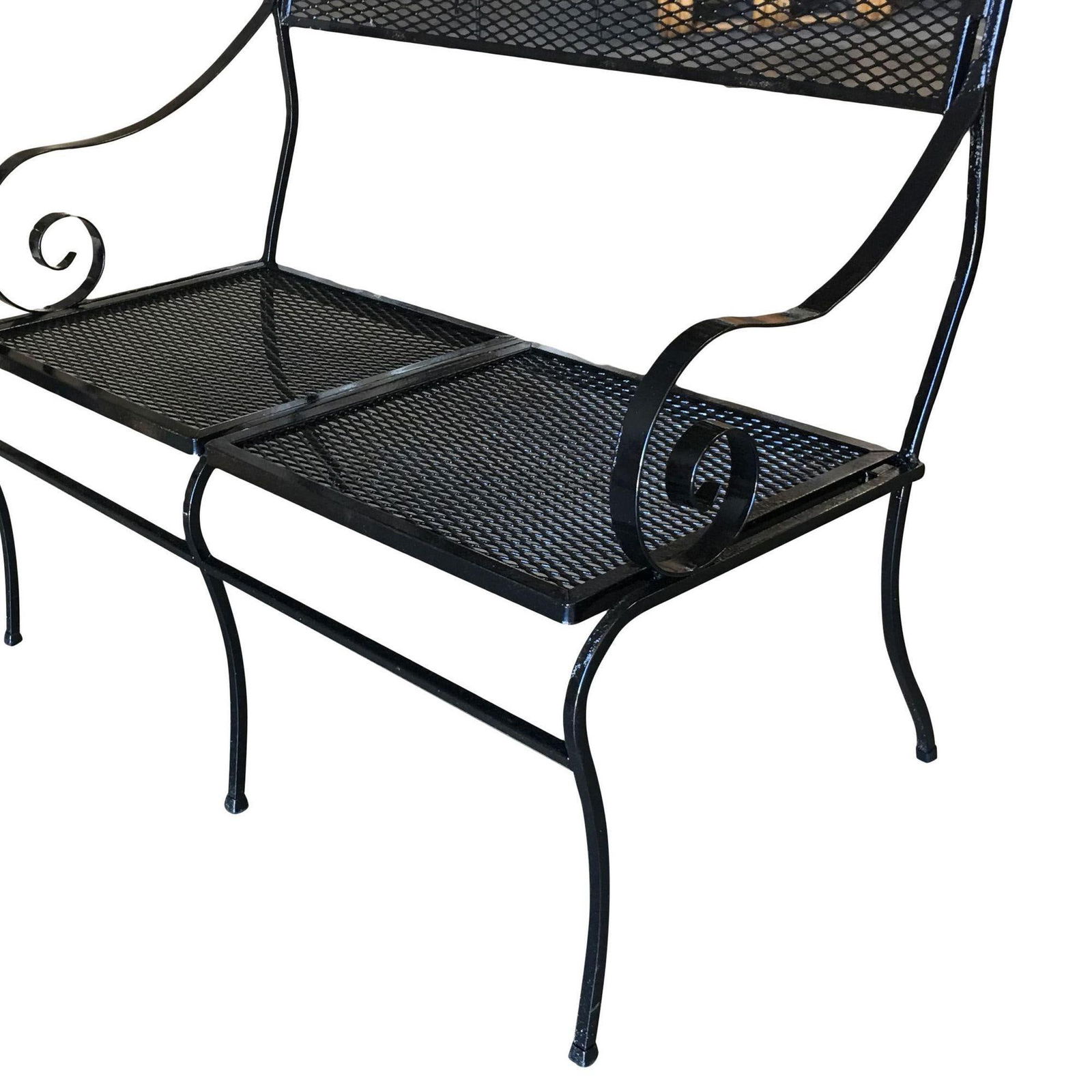 Woodard Wrought Iron Mesh Loveseat Bench, Scrolling Arms - 5