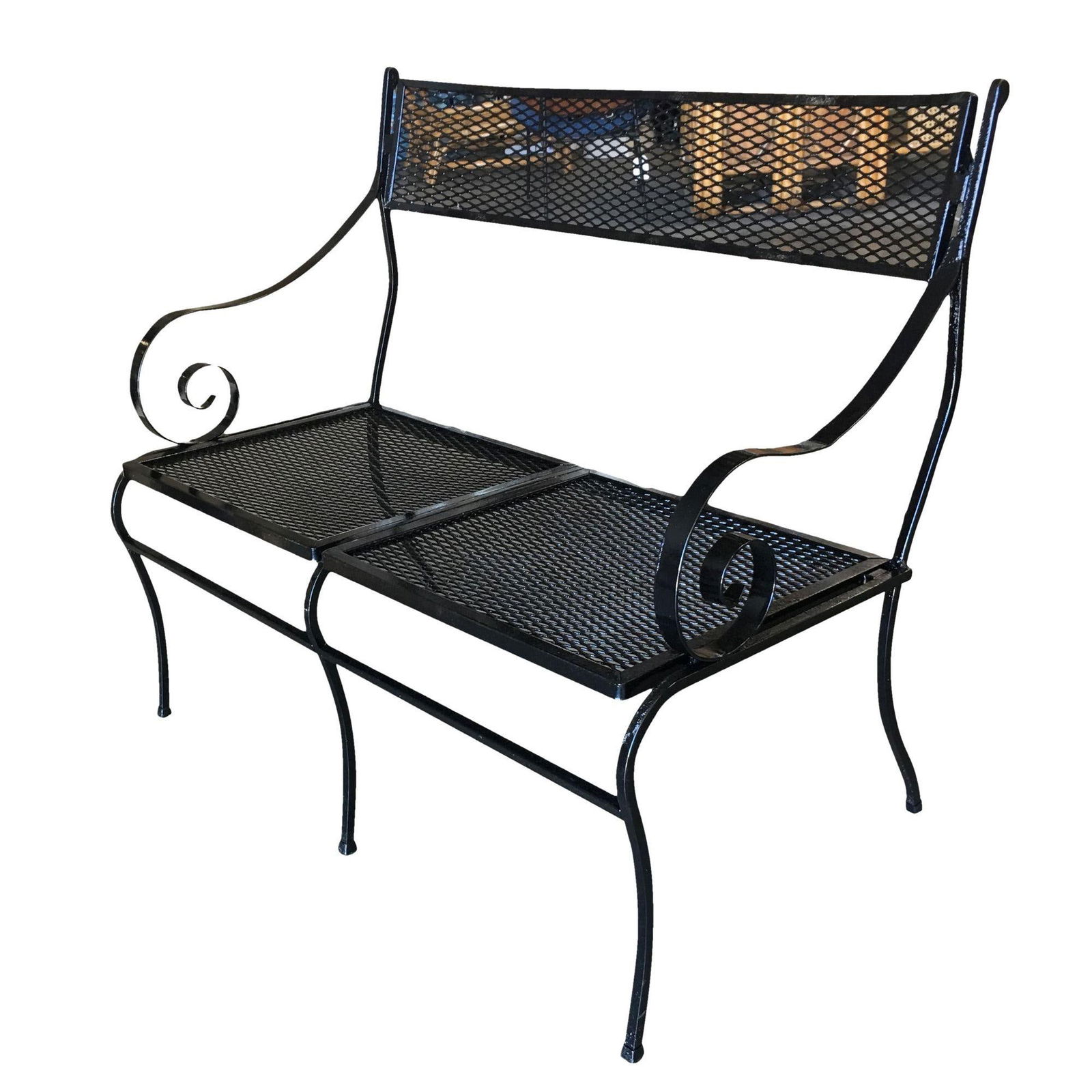 Woodard Wrought Iron Mesh Loveseat Bench, Scrolling Arms - 9