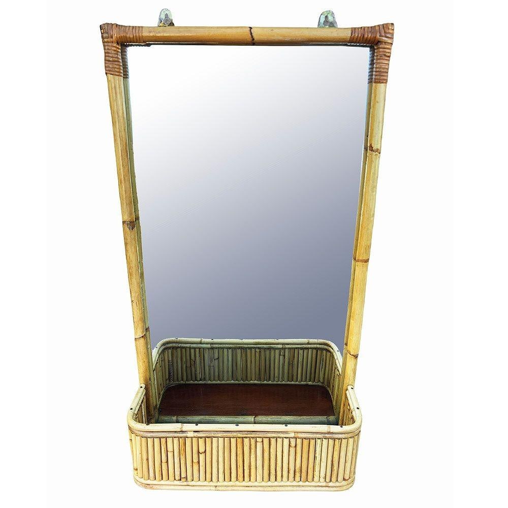 Restored Mid-century Stacked Rattan & Wicker Wall Mirror with Shelf/Planter - 14