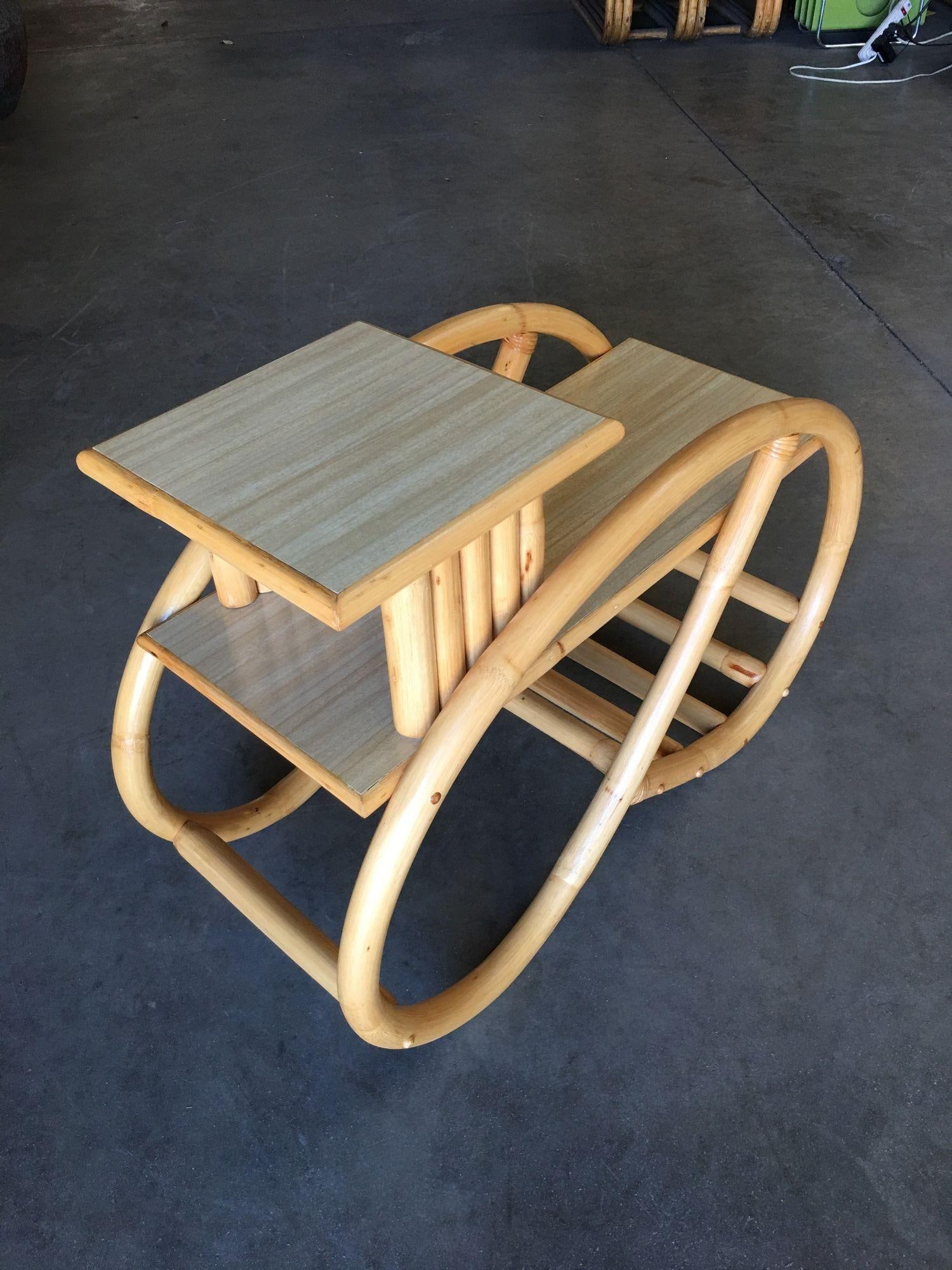 Restored 3/4 Round Pretzel Rattan Side Table with Two-Tier Formica Tops - 12