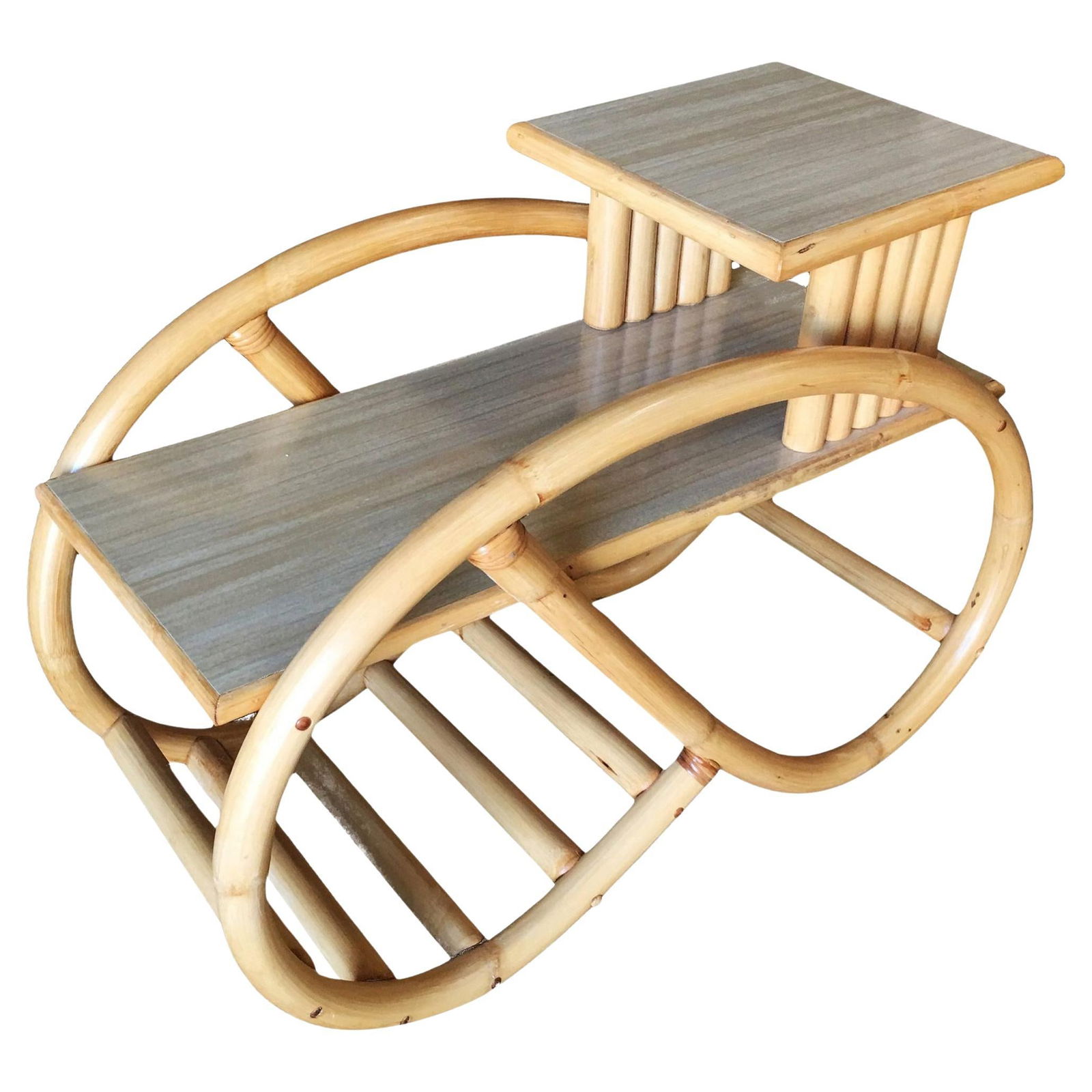 Restored 3/4 Round Pretzel Rattan Side Table with Two-Tier Formica Tops - 17