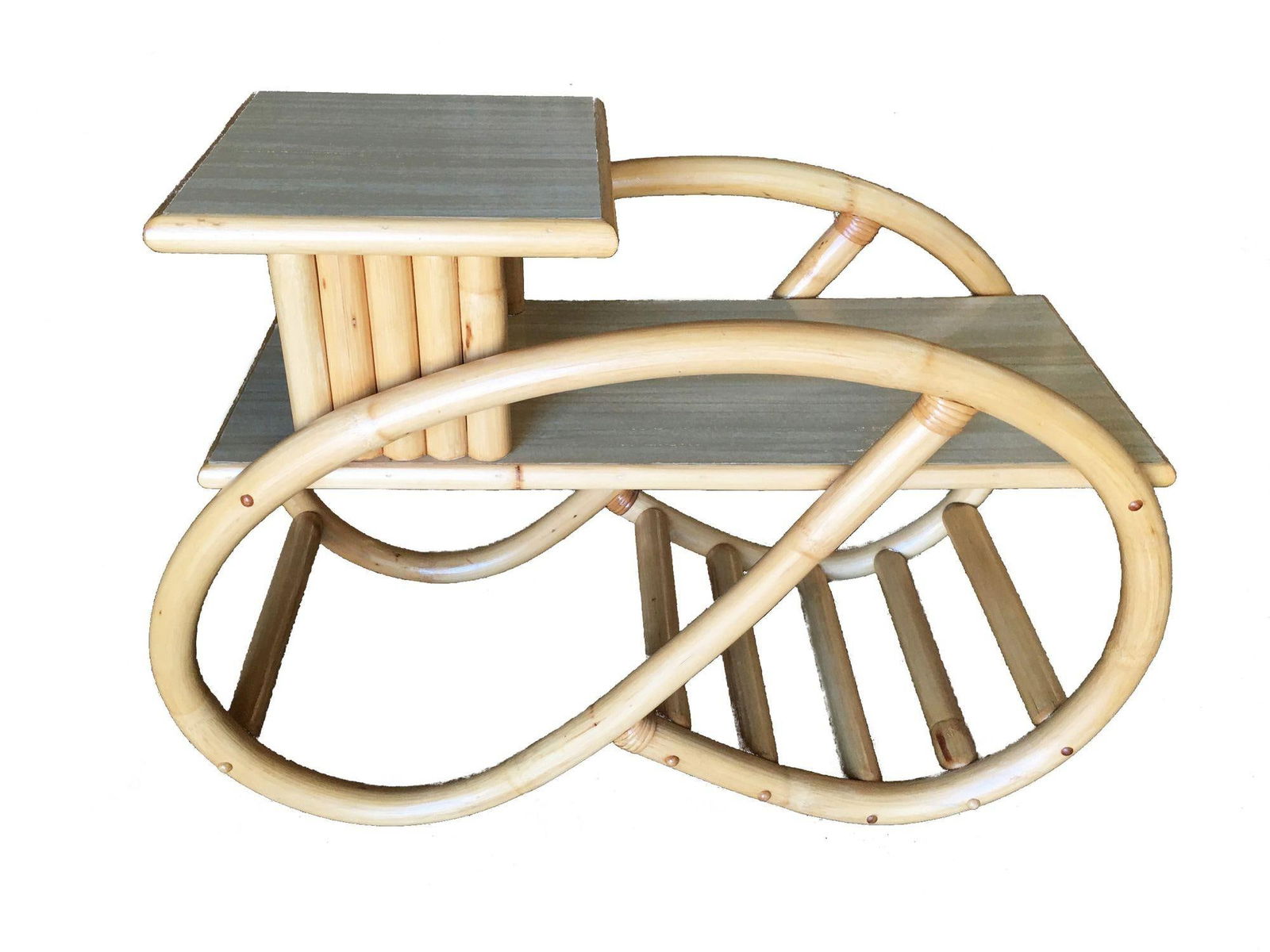 Restored 3/4 Round Pretzel Rattan Side Table with Two-Tier Formica Tops - 18