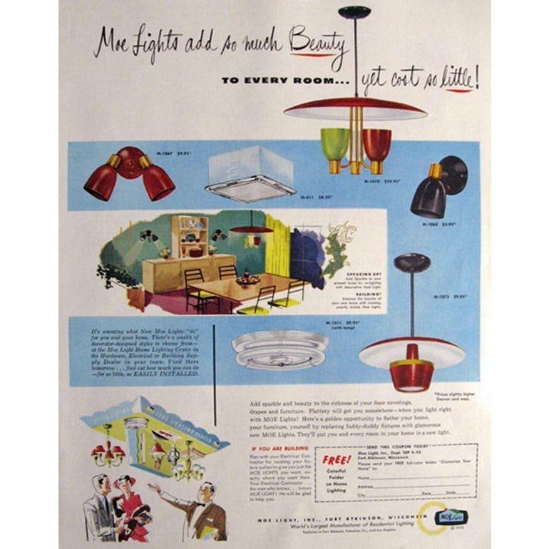 1953 Enameled Pendant Chandelier by Moe Lighting with 3 arms for Dining Room - 5