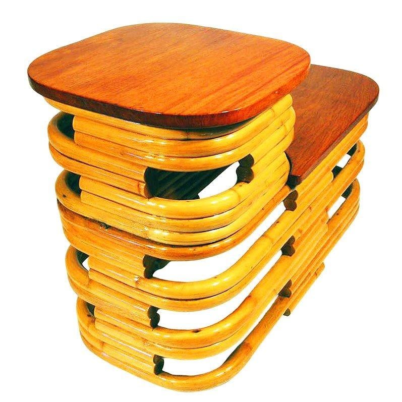 Restored MCM Stacked Rattan Two-Tier Side Table w/ Mahogany Top, 2 Available - 4